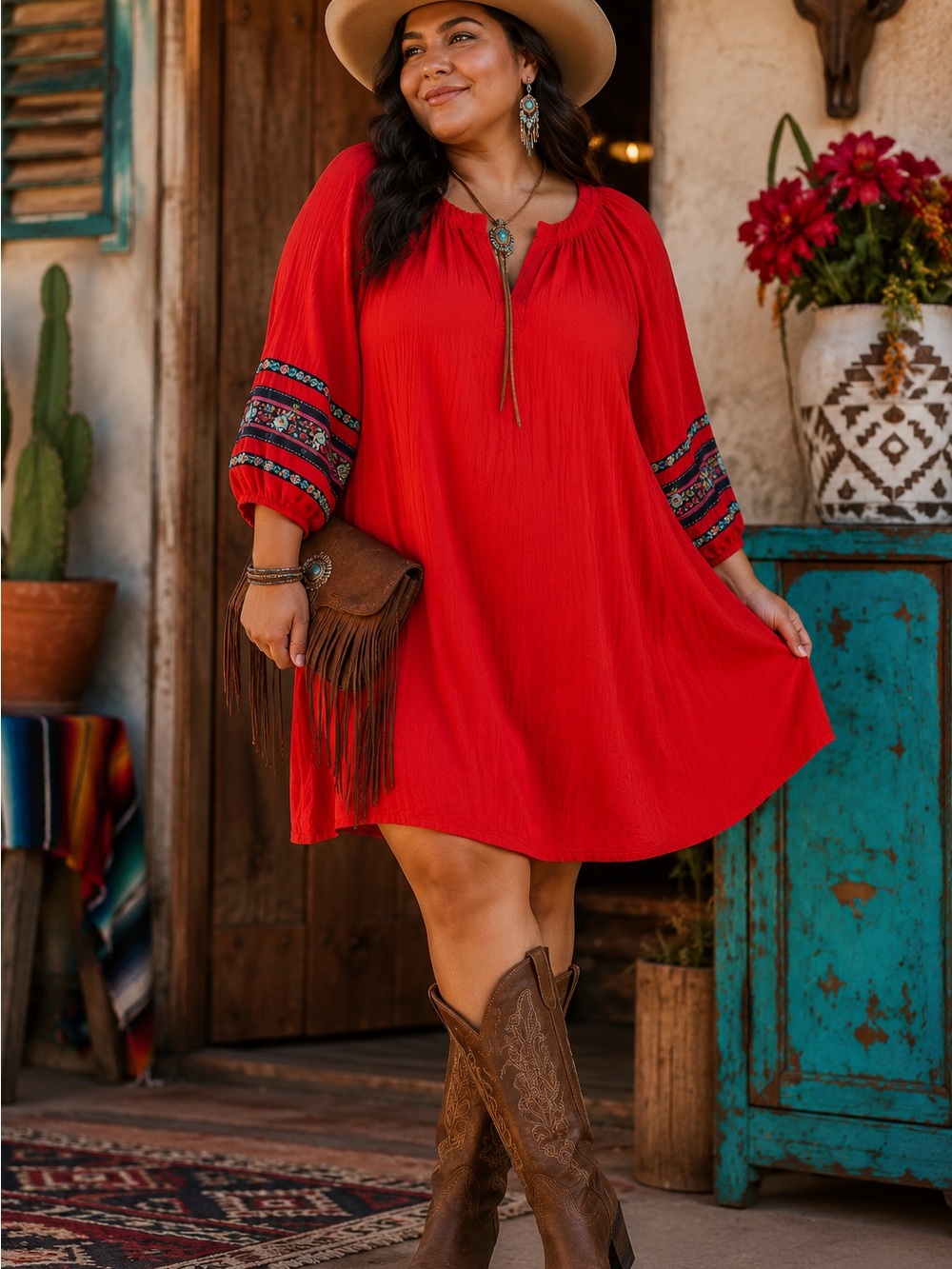 Red Embroidered-Sleeve Mini Swing Dress 2X